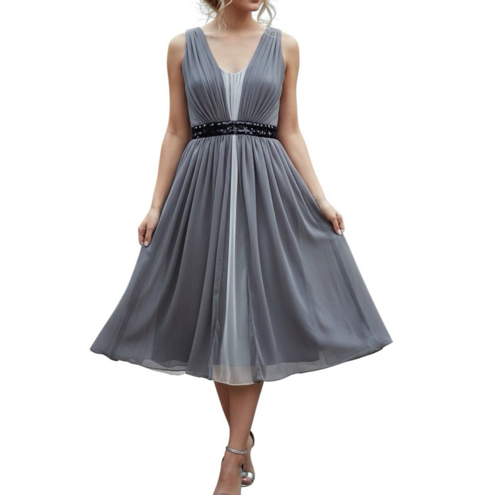 Vintage Y2K Gray Silk Tulle Midi Dress Black Sequin Waist Pleated A-Line S